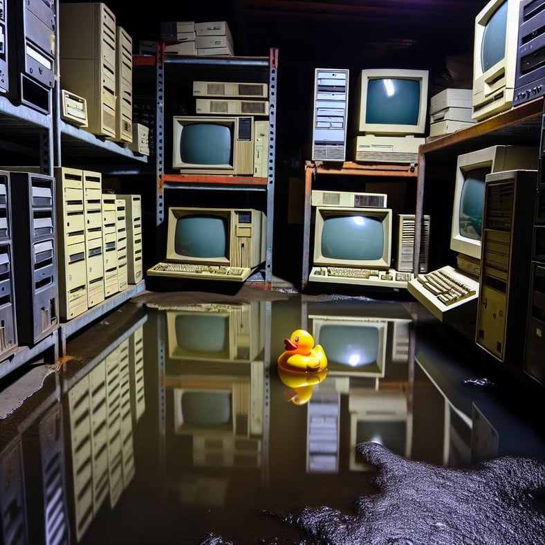 old dark storage room with lots of computers